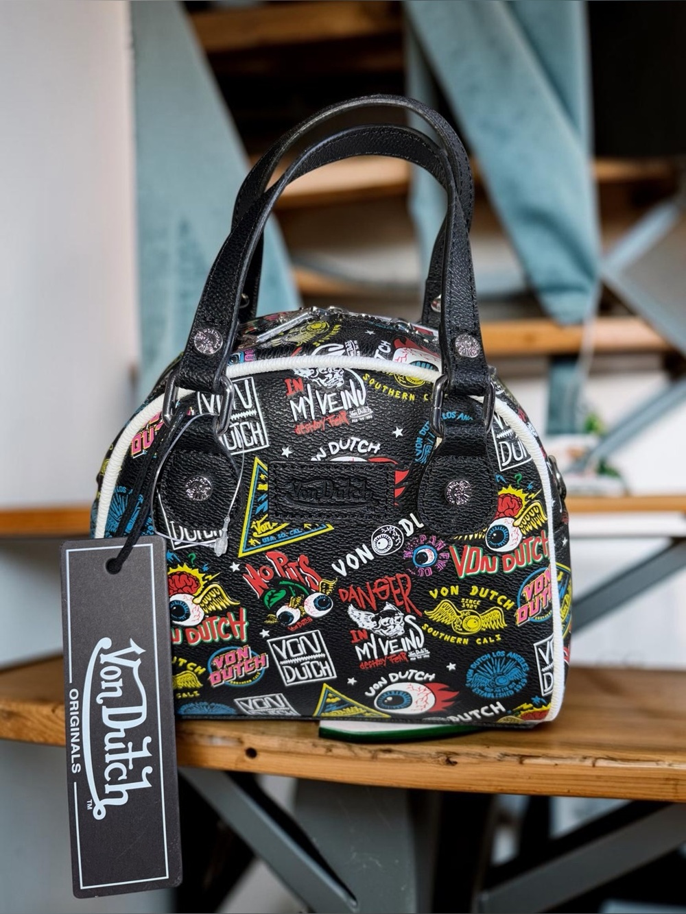 Von Dutch Black Graphic Patch Mini Satchel